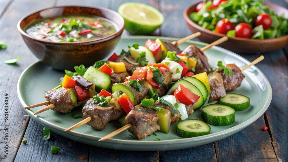 Plate of grilled vegetable skewers and salad. Plate of grilled vegetable skewers and salad.