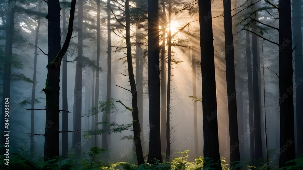 Fototapeta premium A breathtaking portrayal of the first light of day cascading over a vast desert landscape. Enchanted Forest Mist: A mesmerizing depiction of a misty morning in a dense forest