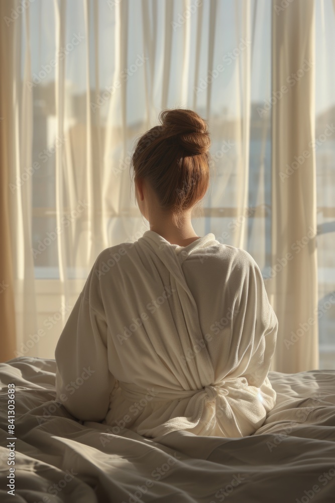 A person sitting on a bed looking out a window with a view of the outside world A person sitting on a bed looking out a window with a view of the outside world