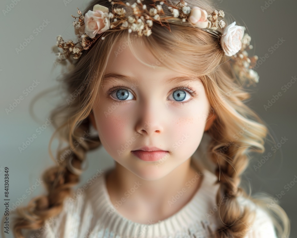 Fototapeta premium Little girl with a wreath of flowers on his head, white background