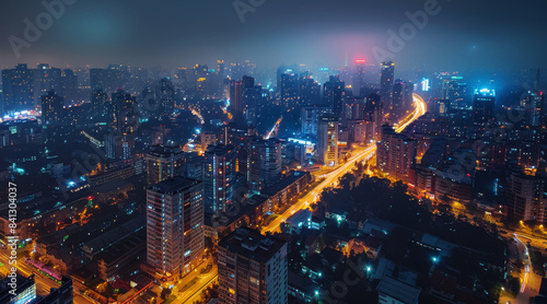 City night scene. Aerial high view. Generative AI.