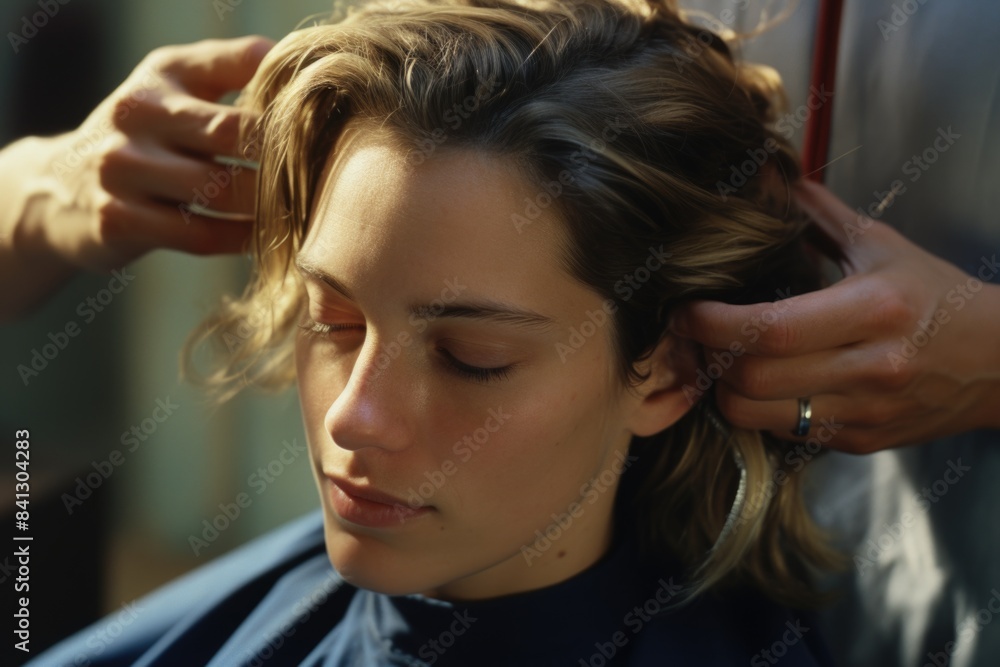 Fototapeta premium A woman sitting in a salon chair having her hair styled and cut by a professional hairstylist