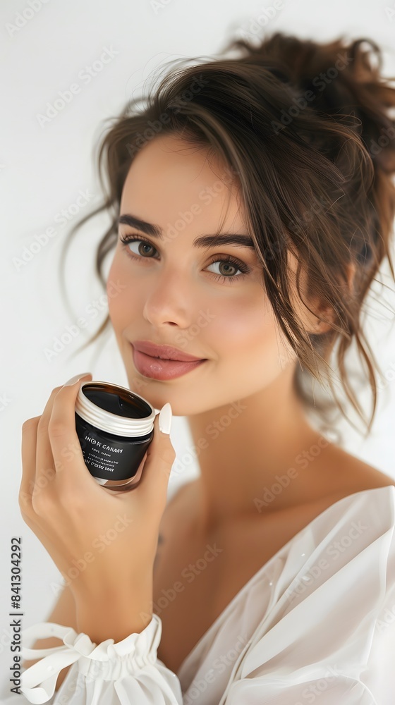 Beautiful smiling young woman with clean skin holding facial essential oil or serum with dropper, rejuvenation and skin care, white background Beautiful smiling young woman with clean skin holding facial essential oil or serum with dropper, rejuvenation and skin care, white background