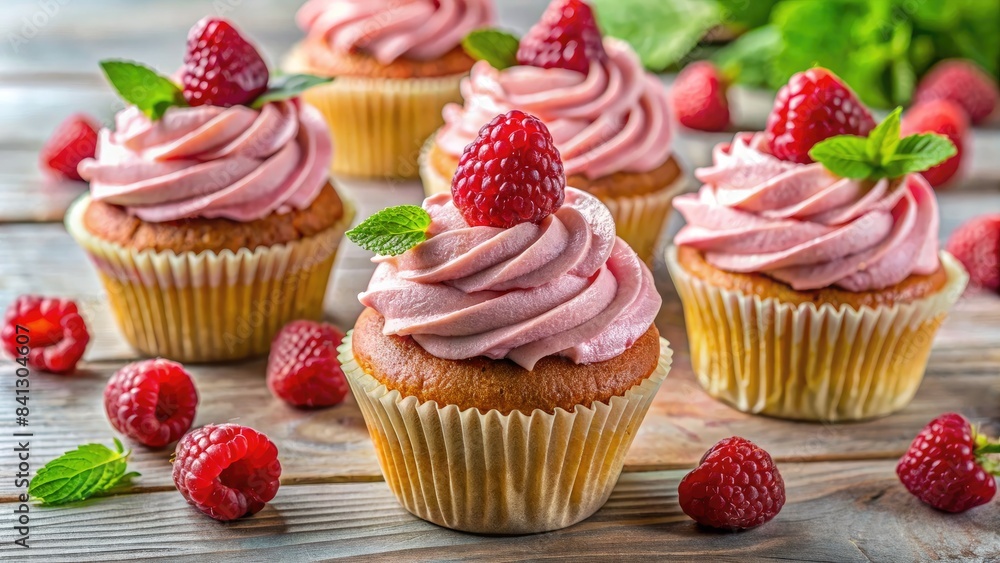 Cupcakes with pink frosting and raspberries. Cupcakes with pink frosting and raspberries.