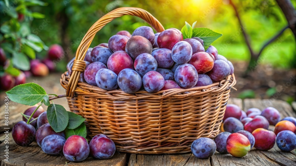 Fresh plums in a wicker basket. Fresh plums in a wicker basket.
