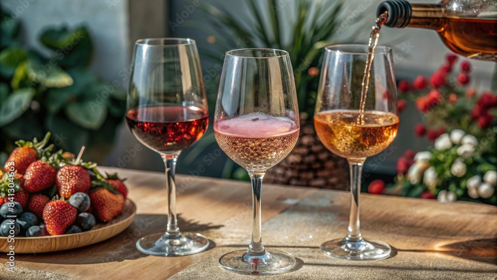 Glasses of wine with strawberries on a table. Glasses of wine with strawberries on a table.