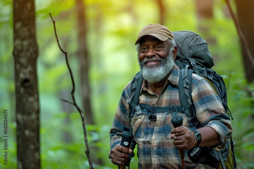 A person hiking in the forest with a backpack, suitable for adventure or outdoor themes A person hiking in the forest with a backpack, suitable for adventure or outdoor themes