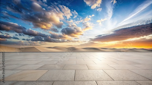 Expansive ocean view with a tiled terrace at sunset.