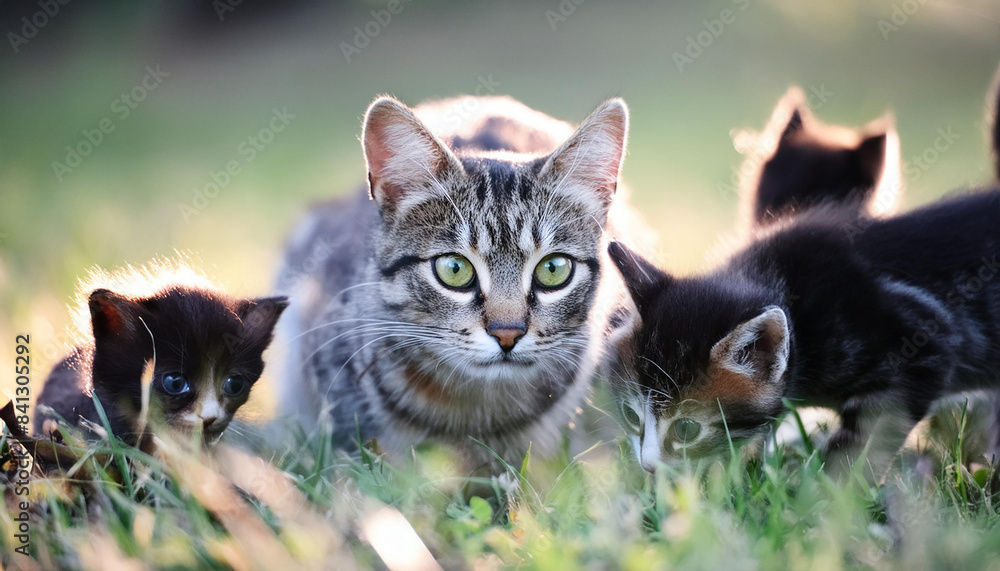 Fototapeta premium Beautiful cat family in sunny garden grass.
