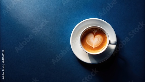 Cup of coffee with heart-shaped latte art on a blue background.