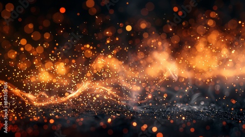 Abstract glowing golden particles forming waves