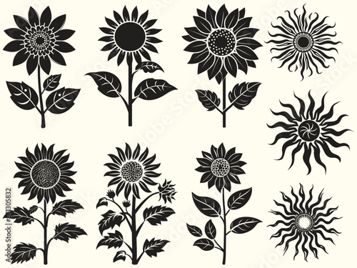 Sunflower silhouette set, set isolated silhouette sunflower, balck and white sunflower