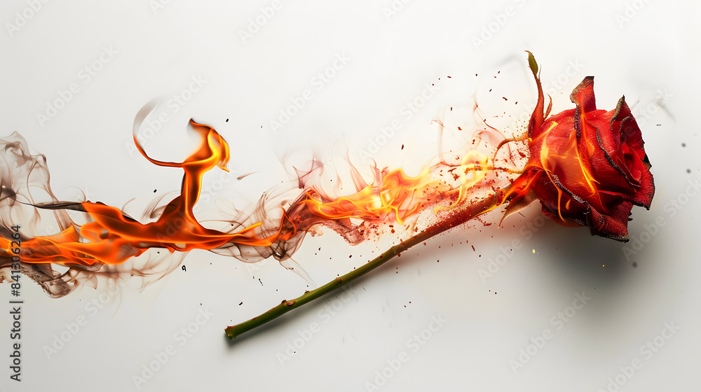 Naklejka premium rose with long stem on fire partially burnt. realistic. white background 