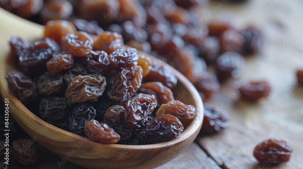 A wooden spoon filled with sweet raisins sitting on a table, perfect for a kitchen or still life photo shoot A wooden spoon filled with sweet raisins sitting on a table, perfect for a kitchen or still life photo shoot
