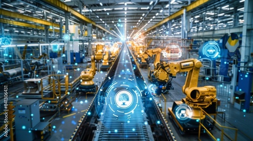 An industrial factory with IoT sensors embedded in machinery constantly transmitting data to a central system for realtime monitoring and predictive maintenance.
