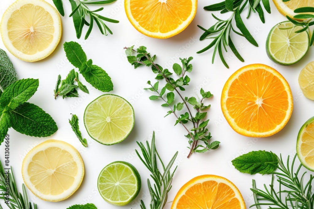 A collection of fresh citrus fruits and herbs arranged on a clean white surface A collection of fresh citrus fruits and herbs arranged on a clean white surface