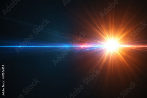 Abstract background. Sun burst, digital flare, iridescent glare, lens flare effects over black background for overlay designs