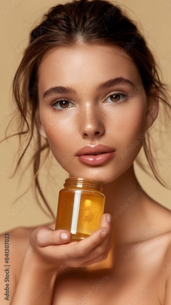 Fototapeta premium Beautiful smiling young woman with clean skin holding facial essential oil or serum with dropper, rejuvenation and skin care, white background
