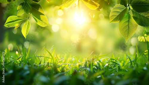 Beautiful widescreen natural background frame of spring and summer. Green young juicy grass and leaning tree twigs backlit by soft sunlight, natural spring background, summer green grass, backlit tree photo