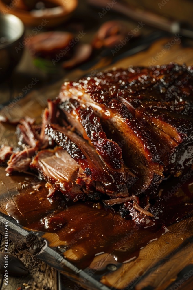 A close-up shot of a wooden cutting board topped with sliced meat smothered in savory sauce, perfect for use on food blogs or as a stock image A close-up shot of a wooden cutting board topped with sliced meat smothered in savory sauce, perfect for use on food blogs or as a stock image