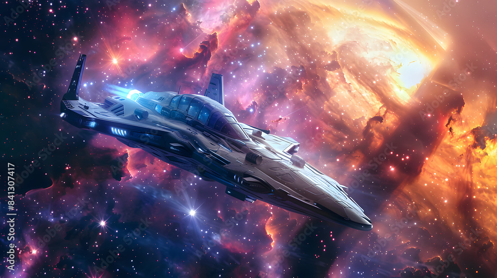 Naklejka premium spaceship flying through the stars and nebulae in space. in a dynamic pose 