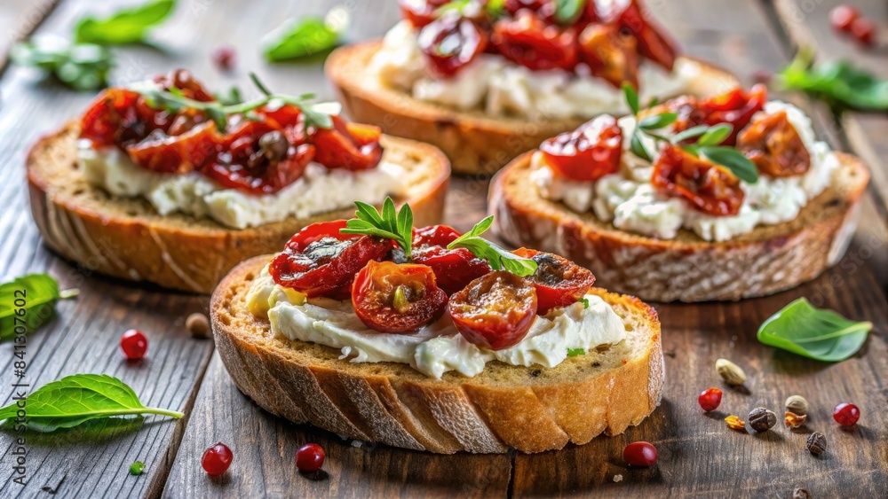 Bruschetta topped with tomatoes and basil on a wooden table. Bruschetta topped with tomatoes and basil on a wooden table.