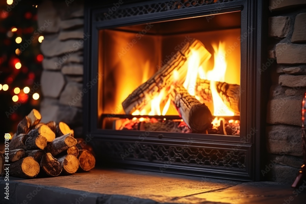 Cozy fireplace scene with burning logs in the foreground Cozy fireplace scene with burning logs in the foreground