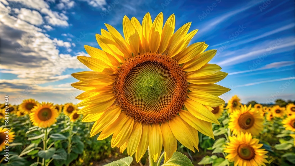 Close-up of a sunflower in a sunflower field. Close-up of a sunflower in a sunflower field.