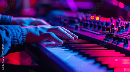 Keyboard Player Performing music. A close up view of a person playing a keyboard, focusing on their hands pressing the keys and creating music.