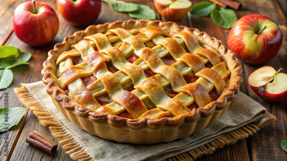 Freshly baked apple pie with a lattice crust. Freshly baked apple pie with a lattice crust.