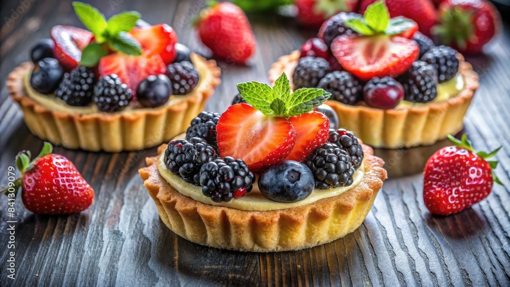 Mini fruit tarts with strawberries and blackberries. Mini fruit tarts with strawberries and blackberries.