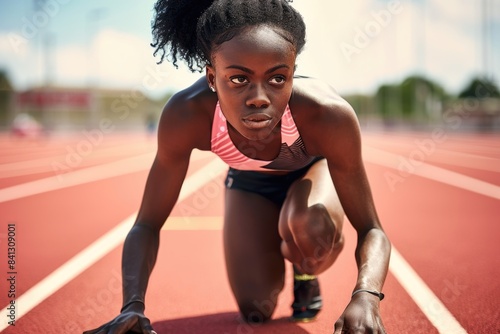 Athlete in a crouched position on a track, ready for takeoff