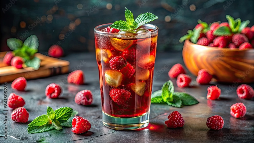 Glass of iced tea with raspberries and mint. Glass of iced tea with raspberries and mint.