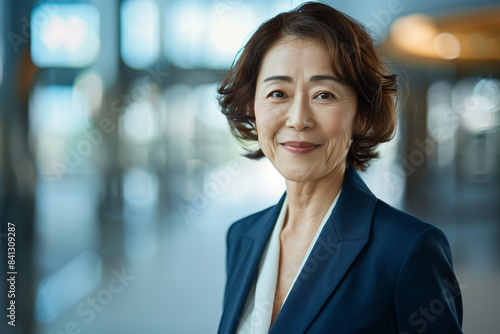 a woman in a blue suit and white shirt