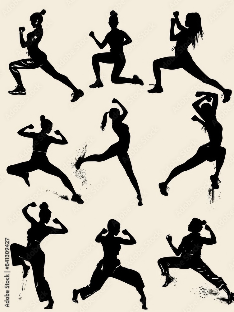 A series of silhouettes showing a woman in different poses, ideal for use in lifestyle or editorial contexts