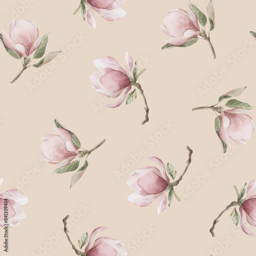 Light pink magnolia branches with flowers. Watercolor floral seamless pattern on beige background for flower fabric