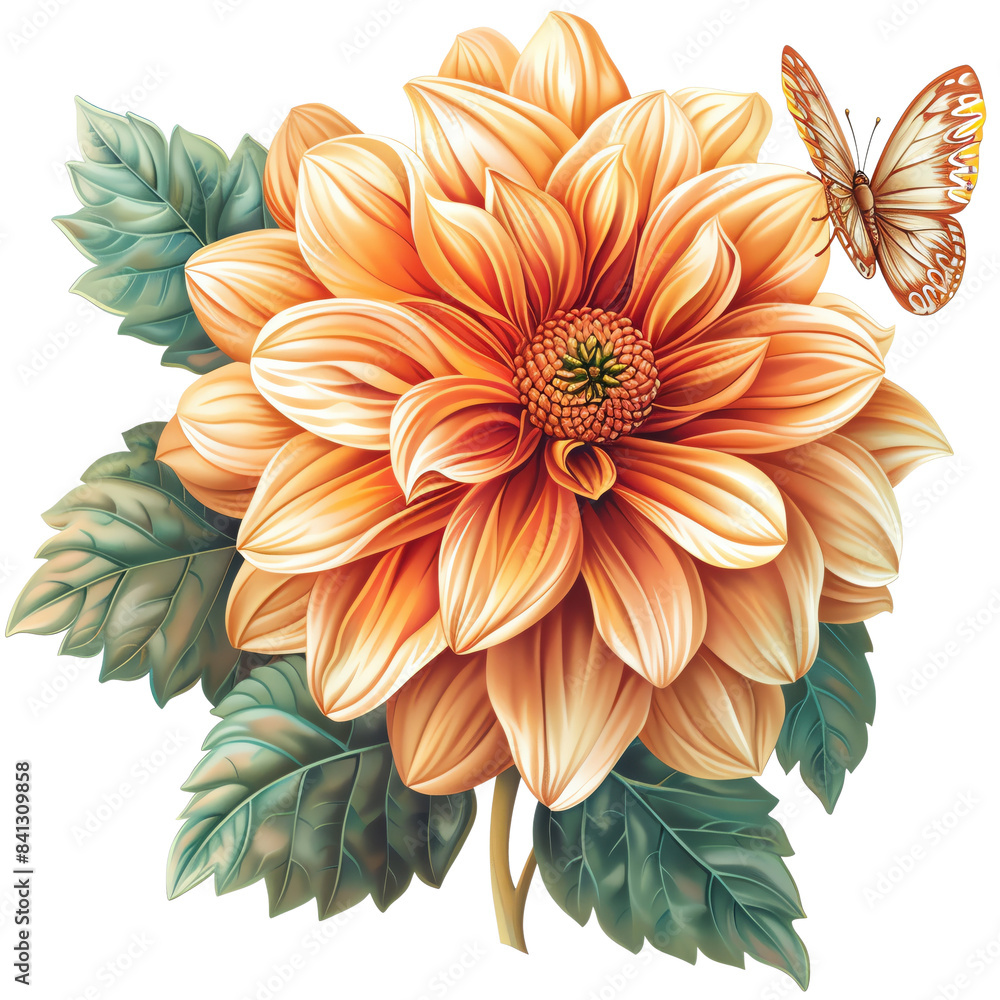 A delicate butterfly perched on an orange dahlia flower with green leaves. Isolated on transparent background. A delicate butterfly perched on an orange dahlia flower with green leaves. Isolated on transparent background.