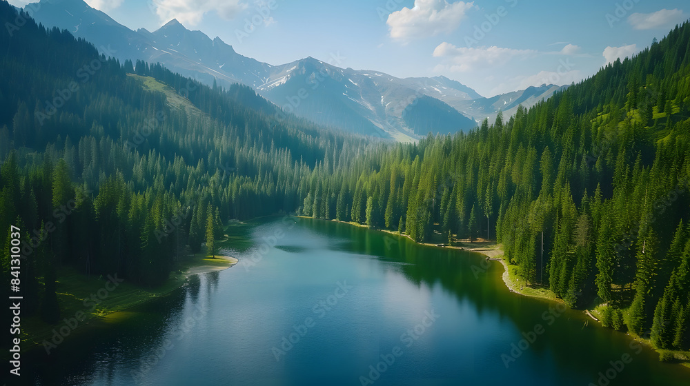 Stunning mountain range with verdant pine trees and crystal-clear lake. Aerial view banner. Copy space concept. Stunning mountain range with verdant pine trees and crystal-clear lake. Aerial view banner. Copy space concept.