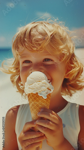 Smiling blonde girl child holding an ice cream on a hot summer day on a sunny beach. Ice cream in a waffle cone. A happy and adorable child enjoying his sweet summer vacation.