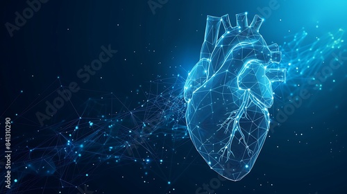 Human heart shape blue neon glowing light wireframe low poly style