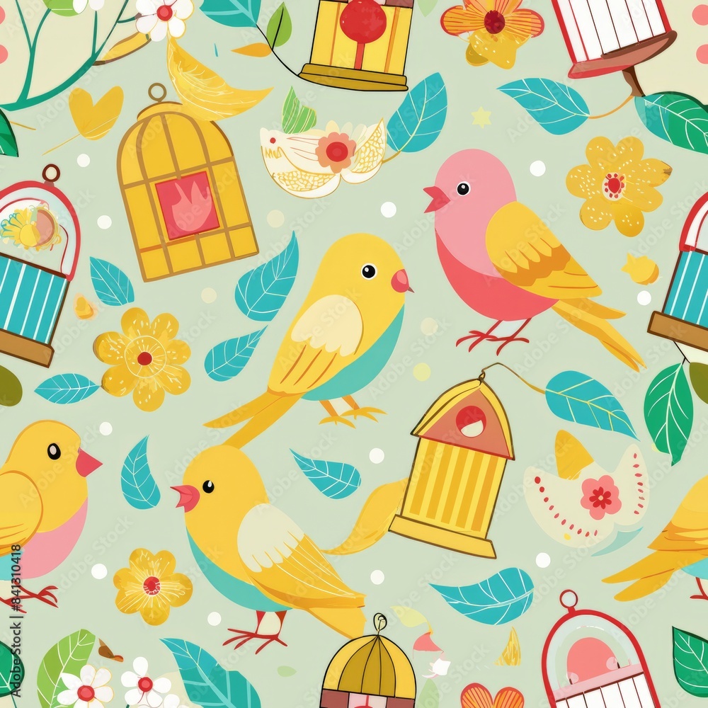 Seamless pattern of cheerful canaries with birdcages and small mirrors, Generative AI Seamless pattern of cheerful canaries with birdcages and small mirrors, Generative AI