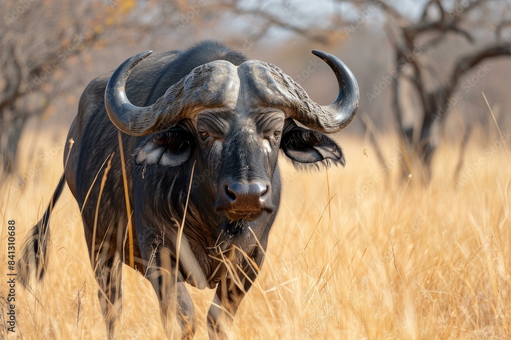 Close-up of an african buffalo standing amidst the golden savanna grass