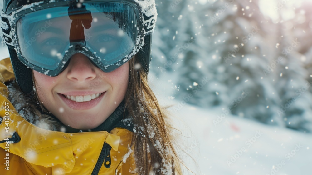 A woman dressed warmly in a snowy environment, wearing a bright yellow jacket and goggles A woman dressed warmly in a snowy environment, wearing a bright yellow jacket and goggles