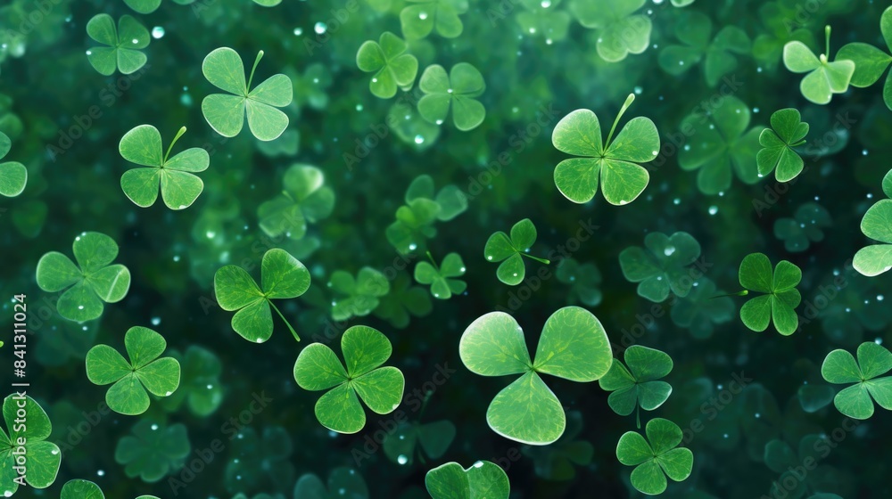 Close-up shot of green shamrock leaves surrounded by raindrops Close-up shot of green shamrock leaves surrounded by raindrops