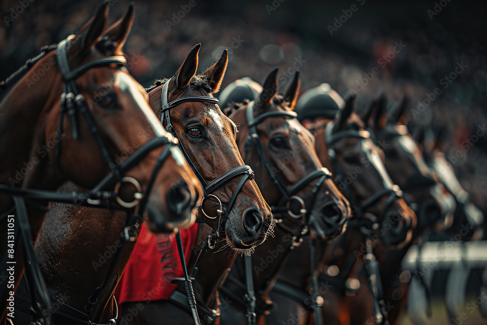 Fototapeta premium Horse racing. Horses stand in a row before the start of the race. Generated by artificial intelligence