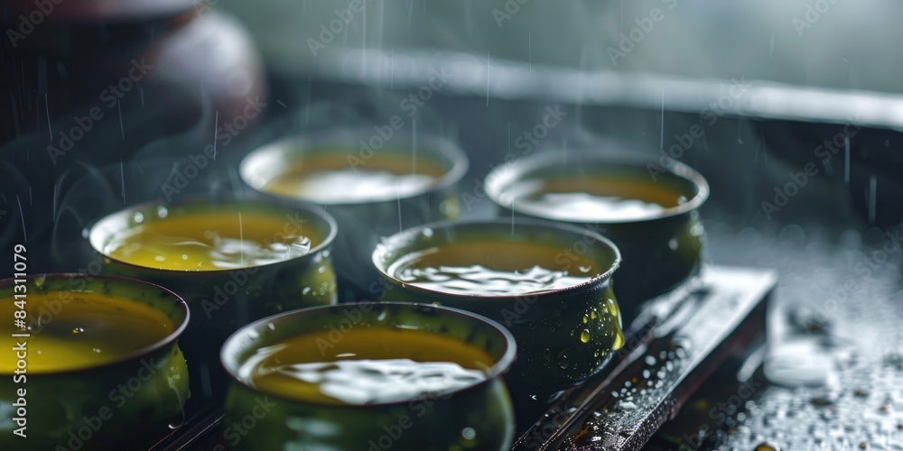 A collection of cups placed on a tray A collection of cups placed on a tray
