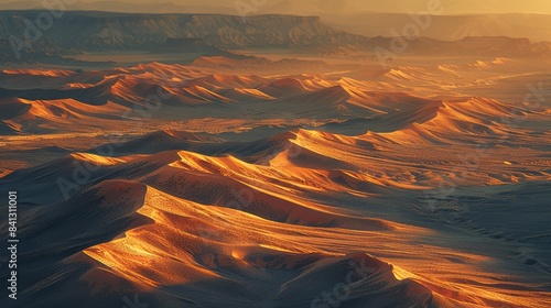 Desert dunes illuminated by golden sunset light photo