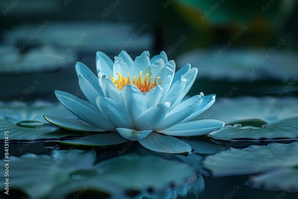Close-up of a water lily floating on a pond, representing tranquility. 