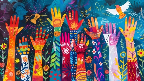 colorful painting of Unity in Diversity, Illustrate a powerful scene where a diverse group of hands, each representing different races and ethnicities, are raised together in solidarity photo