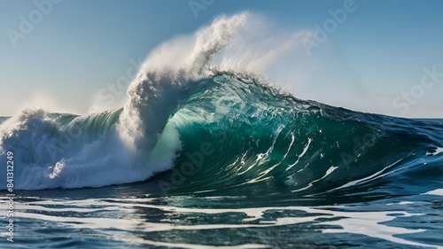 A majestic  towering ocean wave crashes against the shore  its frothy white crest glistening in the sunlight.